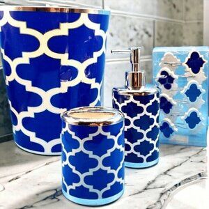 4-Piece Frework Bathroom Set Blue Waste Basket Lotion Tooth Brush Holders S Hook